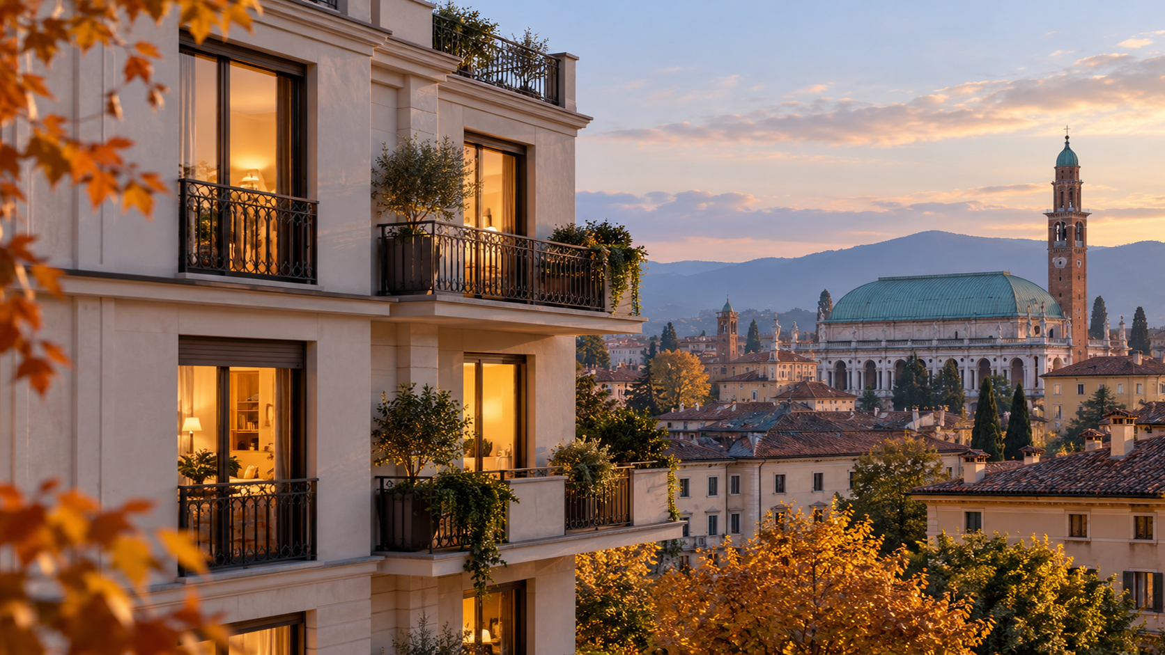 Condominio a Vicenza in autunno con appartamenti illuminati durante la stagione del riscaldamento